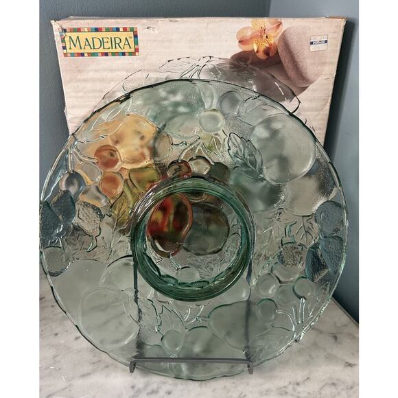 Indiana Glass Chip Dip Tray Madeira Green Raised Fruit Pattern 13” Platter Box - Picture 2 of 11